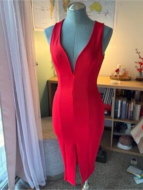 Women's Red V-Neck Midi Bodycon Dress